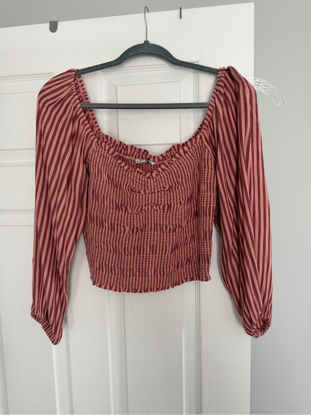 American Eagle Outfitters Rose-Striped Smocked Crop Top